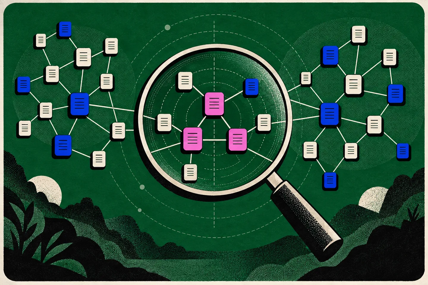 A magnifying glass examines pink shared page nodes between two cobalt and ivory link networks on a textured deep-green radar field.