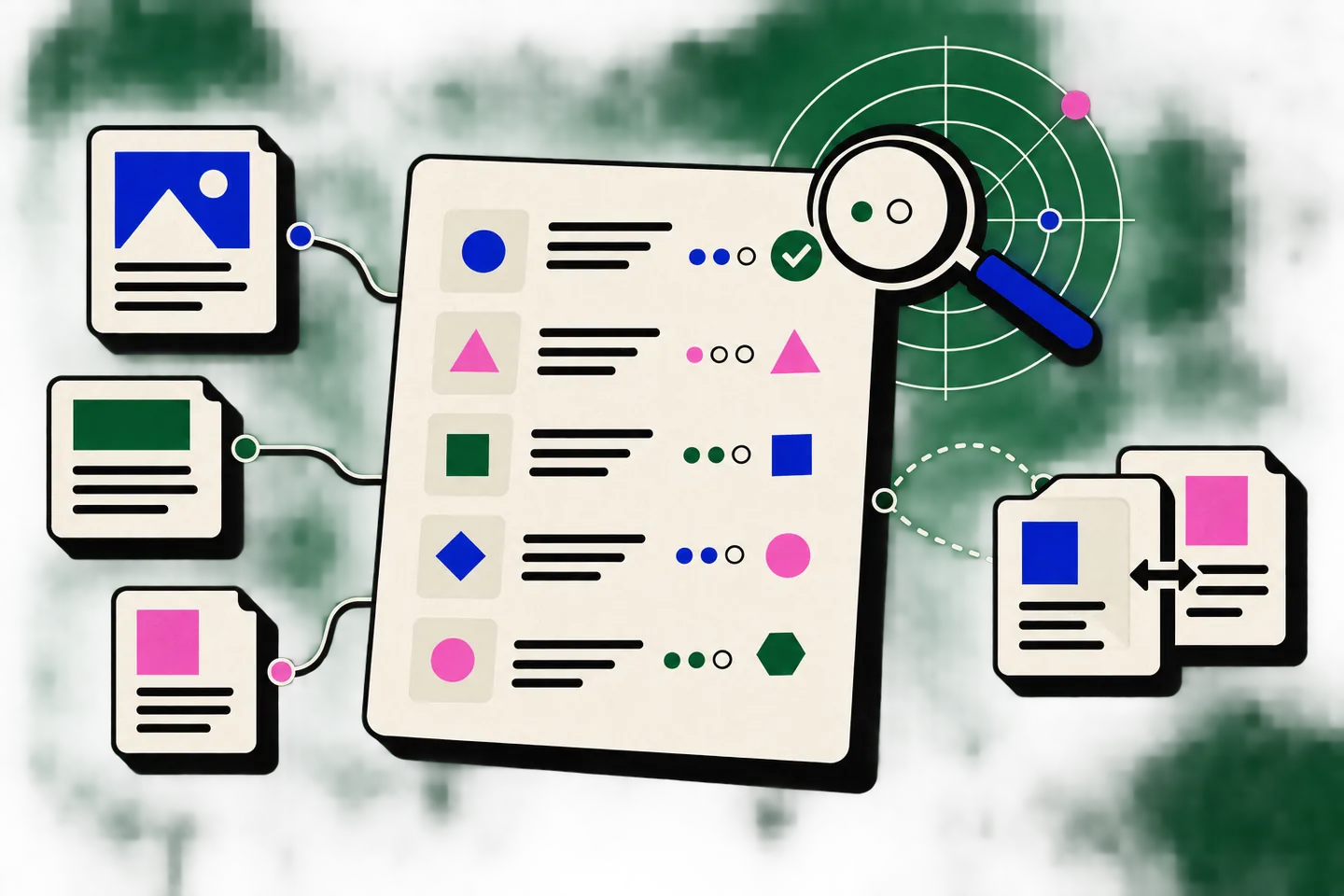 Illustrated five-row content audit ledger linked to page cards, with a magnifying glass, radar rings and cobalt and pink review markers on deep green.